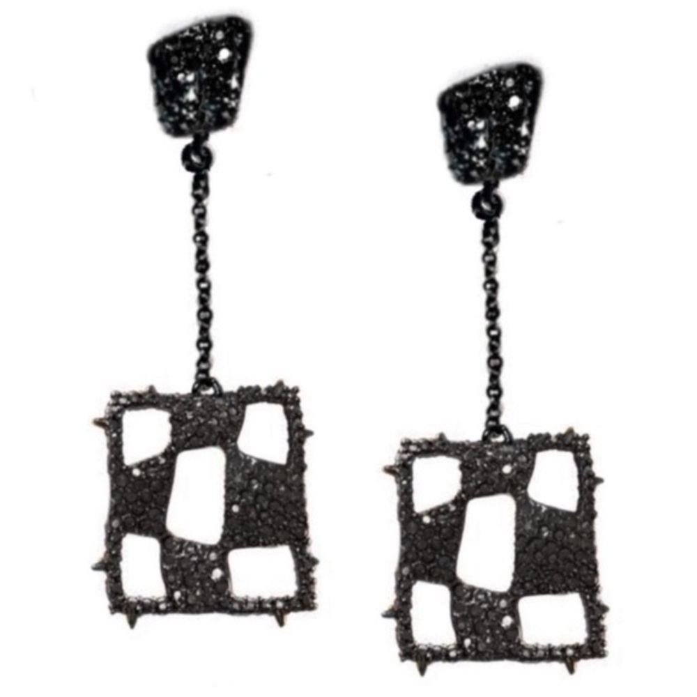ALEXIS BITTAR Black Encrusted Modern Georgian Checkerboard Drop Earrings- NWOT - Picture 3 of 3
